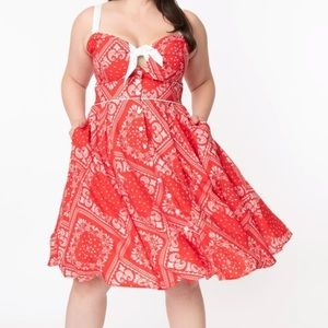 Unique Vintage Red Bandana Print Swing Dress